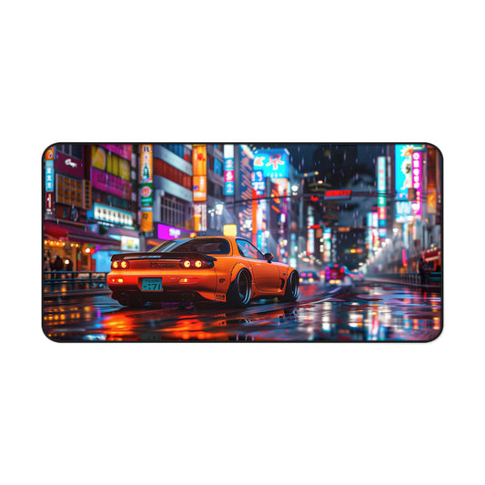 Orange Mazda RX7 Third Generation Mouse Mat | Vibrant City Backdrop Design