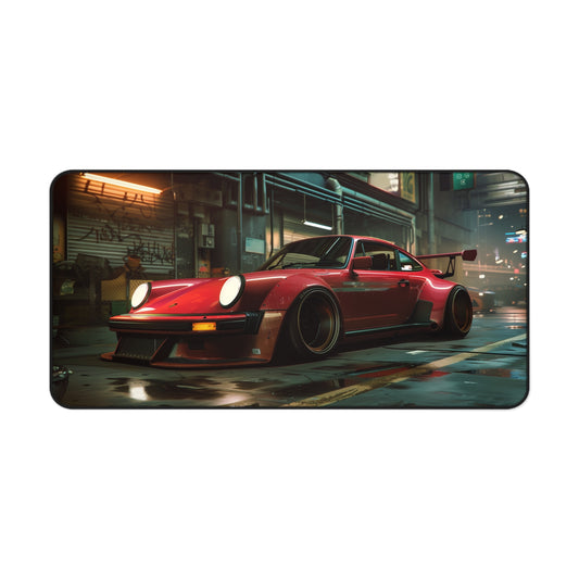 Red Porsche 911 Mouse Mat - Vintage Asian Cityscape Design