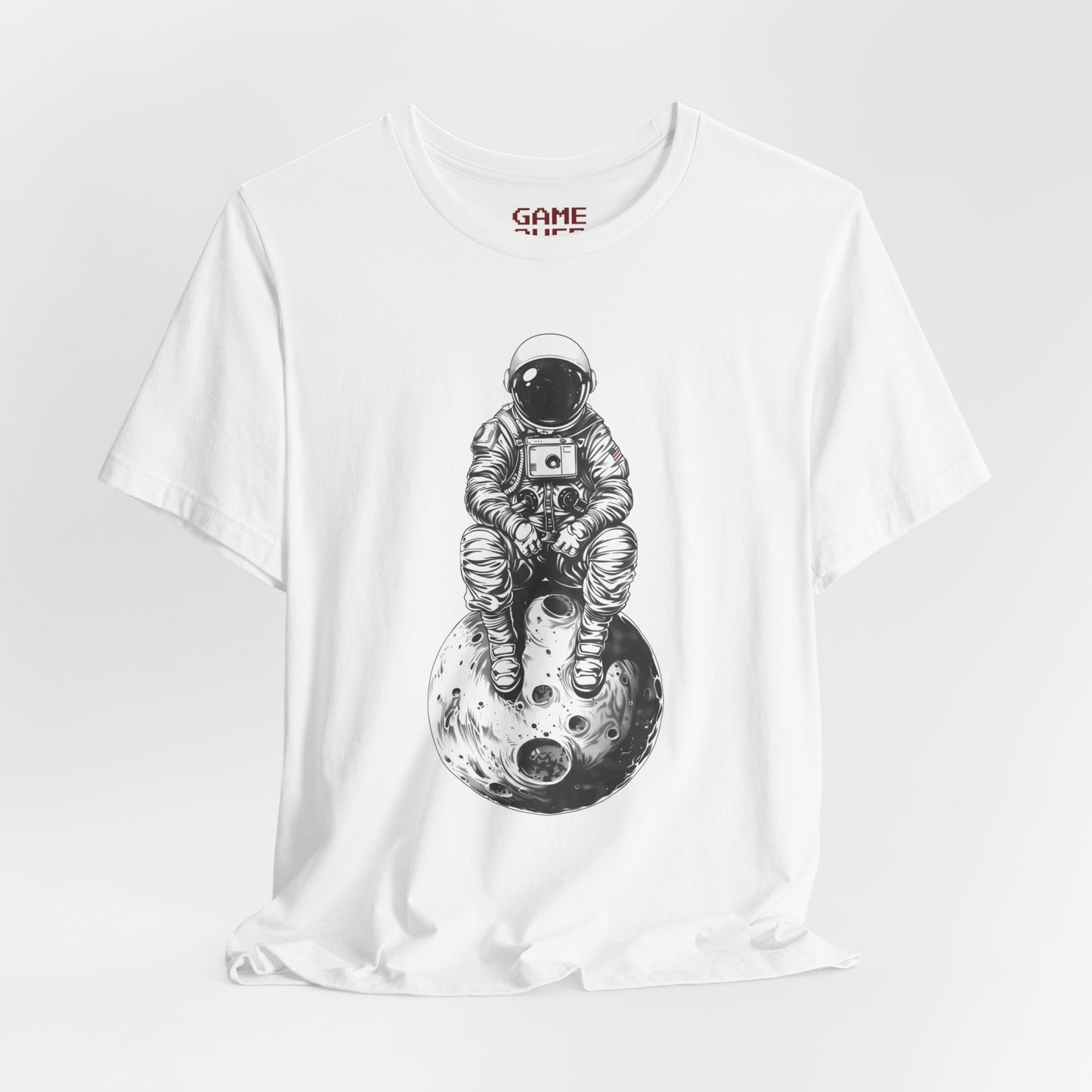 Astronaut Sitting on Textured Planet Shirt #3 - Minimalist Black and White Space Suit Design