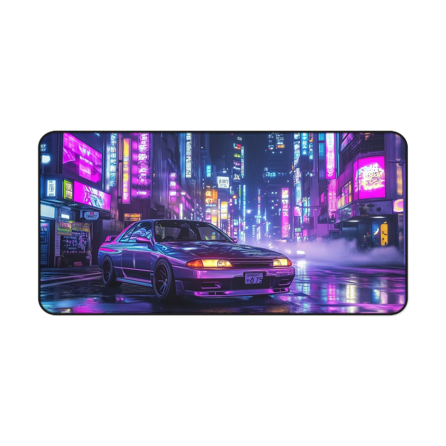 Large Cyberpunk Car Mouse Pad - Nissan R32 Skyline in Neon City, Gaming Desk Mat for PC Setup, Smooth Surface with Non-Slip Base