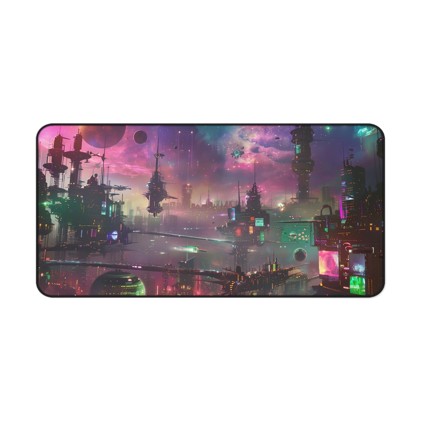 Futuristic Space City Mouse Mat - Neon Vibrant Nebula Design