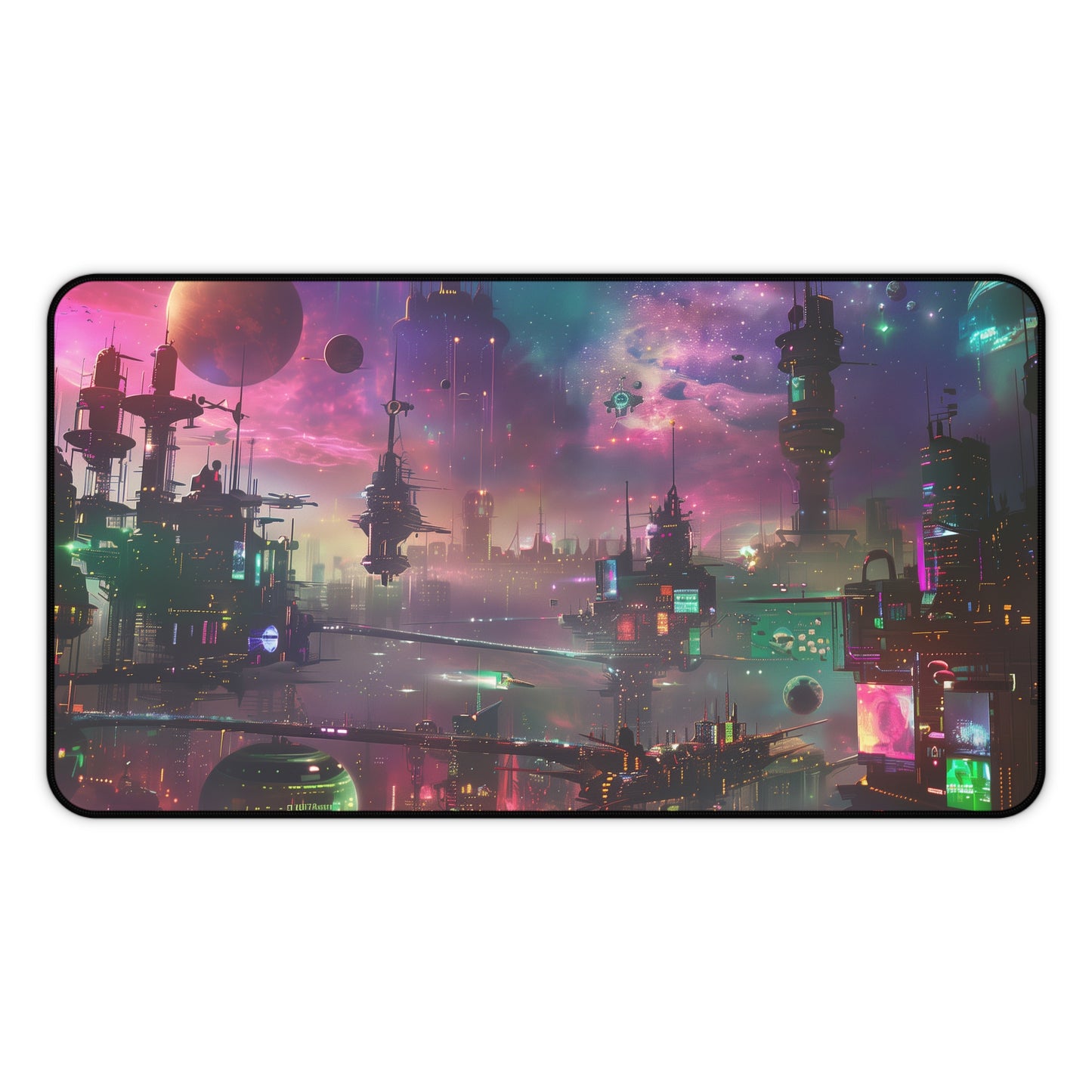 Futuristic Space City Mouse Mat - Neon Vibrant Nebula Design