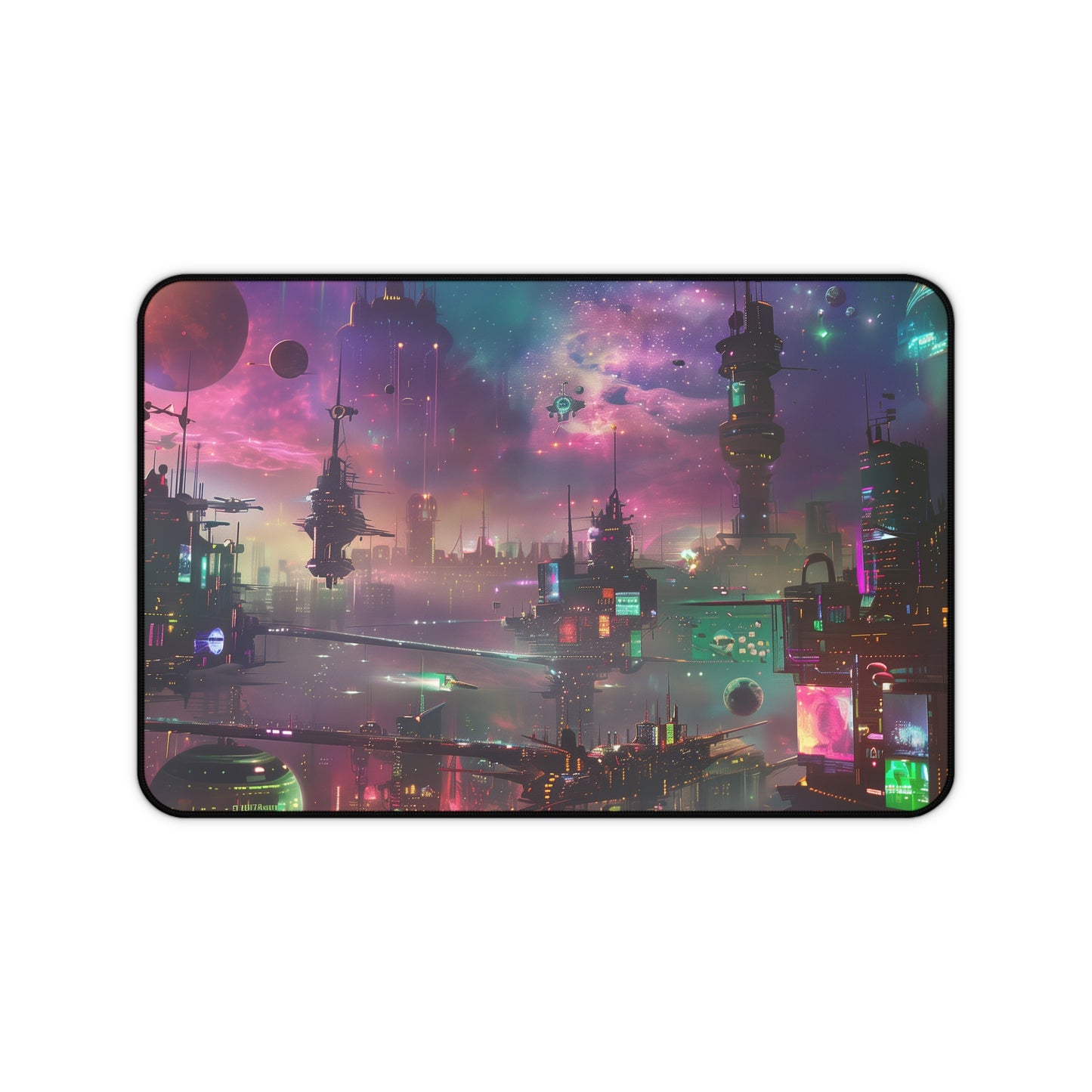 Futuristic Space City Mouse Mat - Neon Vibrant Nebula Design