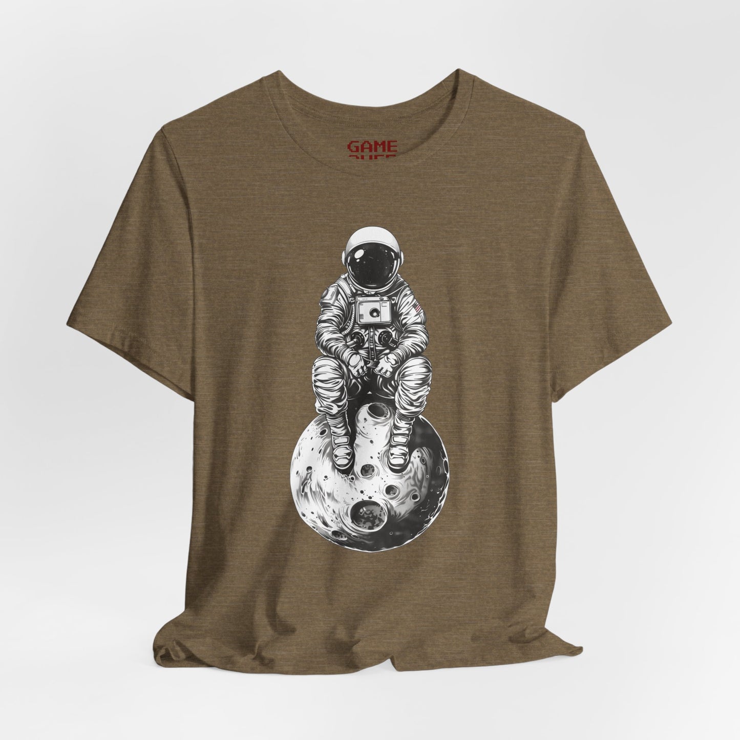 Astronaut Sitting on Textured Planet Shirt #3 - Minimalist Black and White Space Suit Design