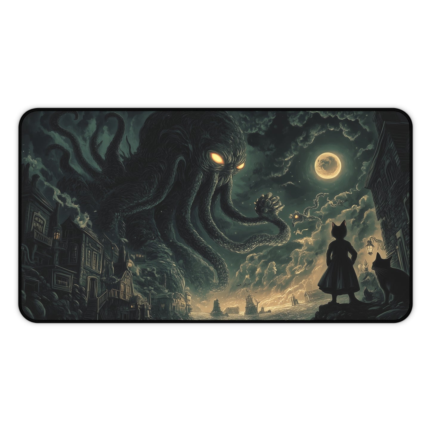 Large Cthulhu Cat Mouse Mat - H.P. Lovecraft Desk Pad - Gamer Mouse Pad with Cosmic Horror Art