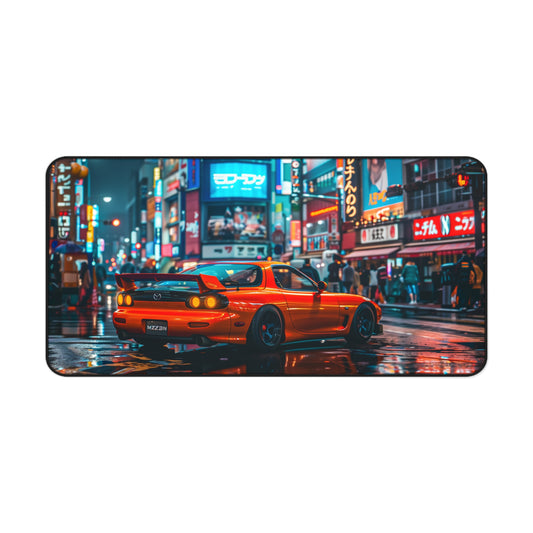 Orange Mazda RX7 Third Generation Mouse Mat | Vibrant City Backdrop Design