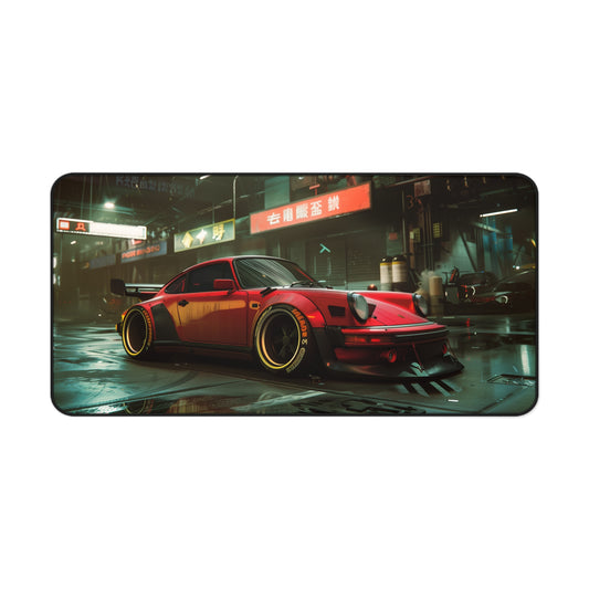 Red Porsche 911 Mouse Mat - Vintage Asian Cityscape Design