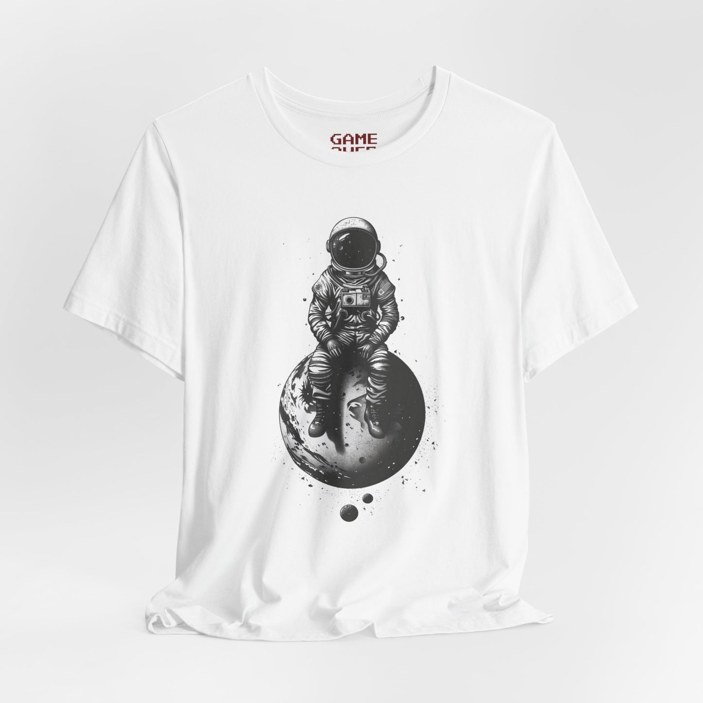 Astronaut Sitting on Planet Shirt - Minimalist Black and White Space Suit Design