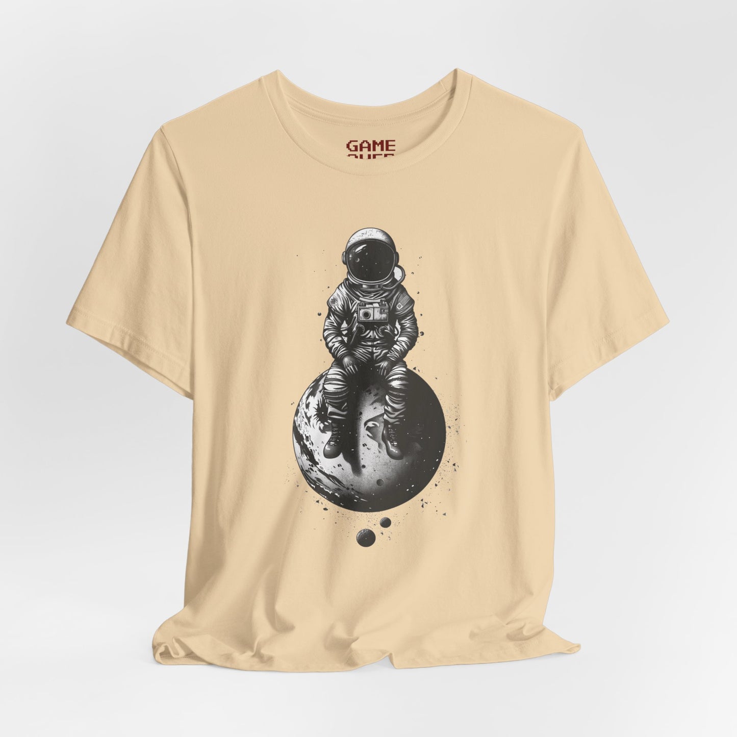 Astronaut Sitting on Planet Shirt - Minimalist Black and White Space Suit Design