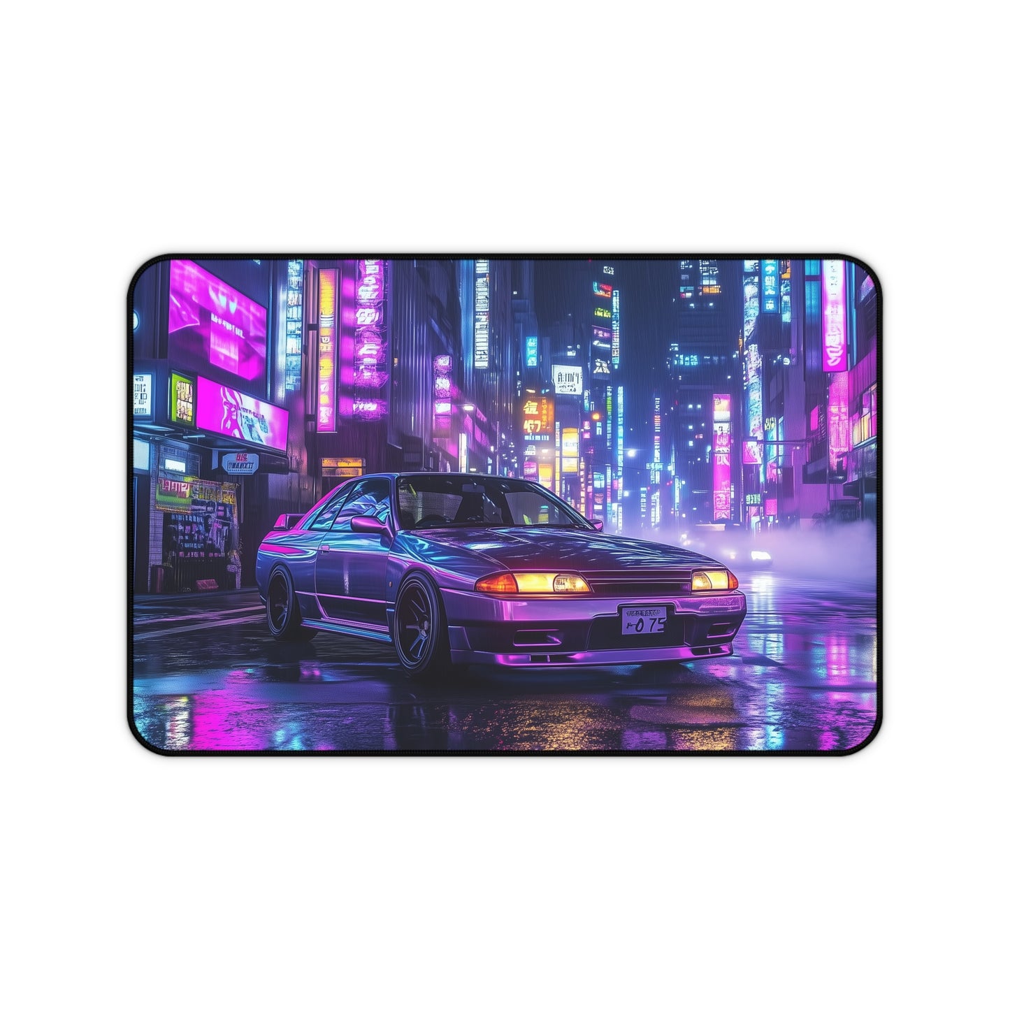 Large Cyberpunk Car Mouse Pad - Nissan R32 Skyline in Neon City, Gaming Desk Mat for PC Setup, Smooth Surface with Non-Slip Base