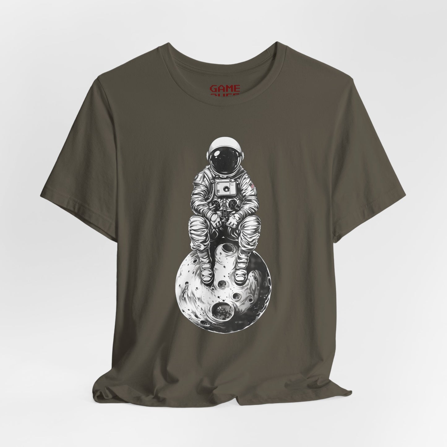 Astronaut Sitting on Textured Planet Shirt #3 - Minimalist Black and White Space Suit Design