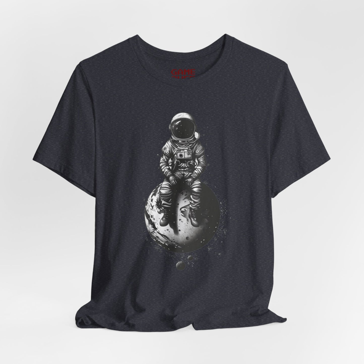 Astronaut Sitting on Planet Shirt - Minimalist Black and White Space Suit Design