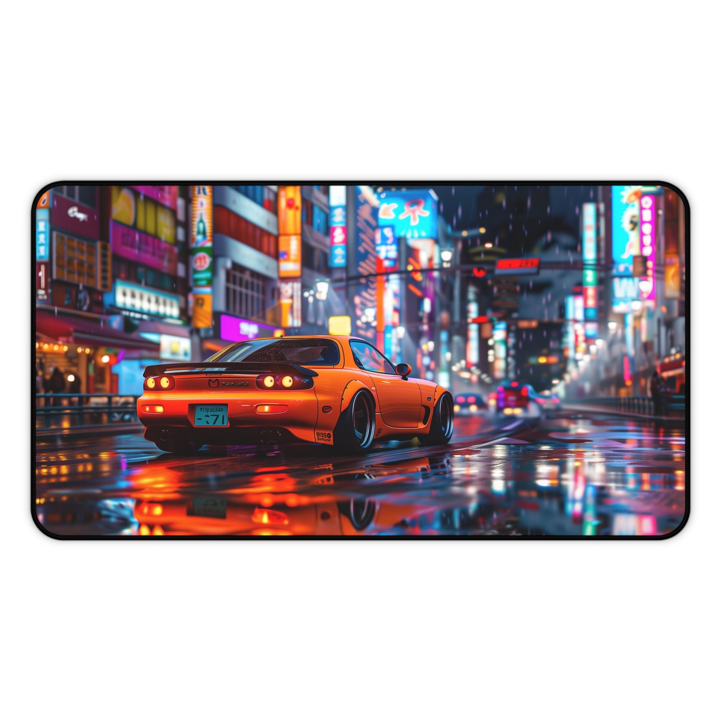 Orange Mazda RX7 Third Generation Mouse Mat | Vibrant City Backdrop Design