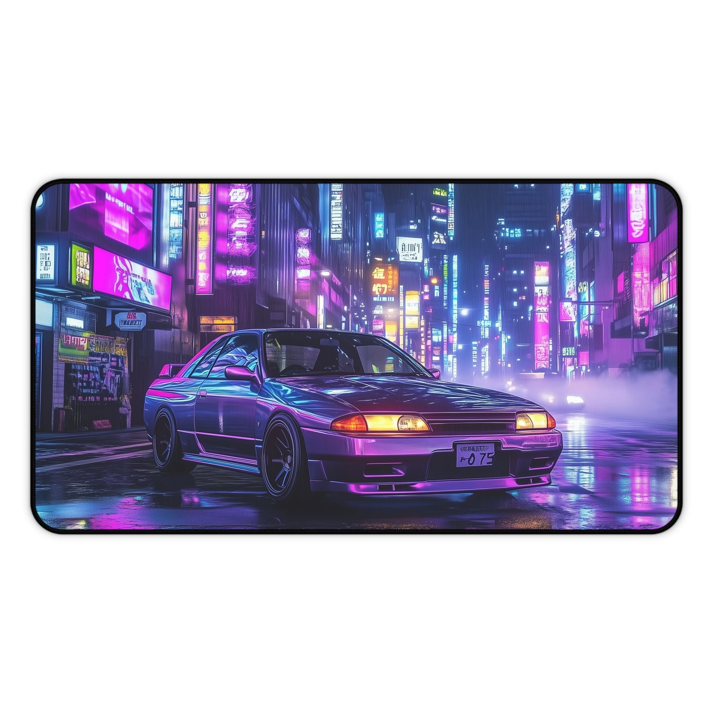 Large Cyberpunk Car Mouse Pad - Nissan R32 Skyline in Neon City, Gaming Desk Mat for PC Setup, Smooth Surface with Non-Slip Base