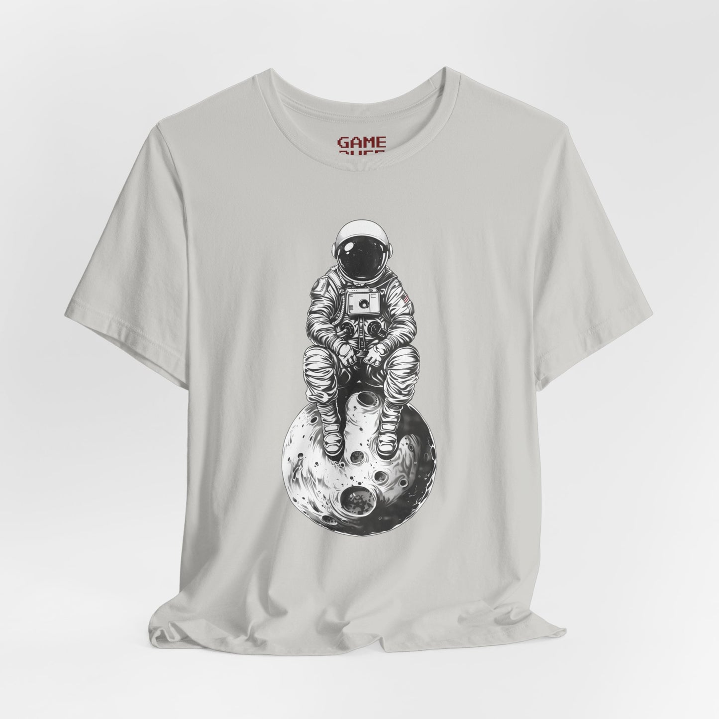 Astronaut Sitting on Textured Planet Shirt #3 - Minimalist Black and White Space Suit Design