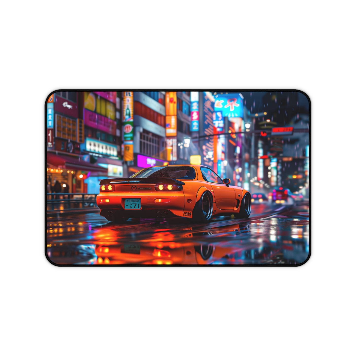 Orange Mazda RX7 Third Generation Mouse Mat | Vibrant City Backdrop Design