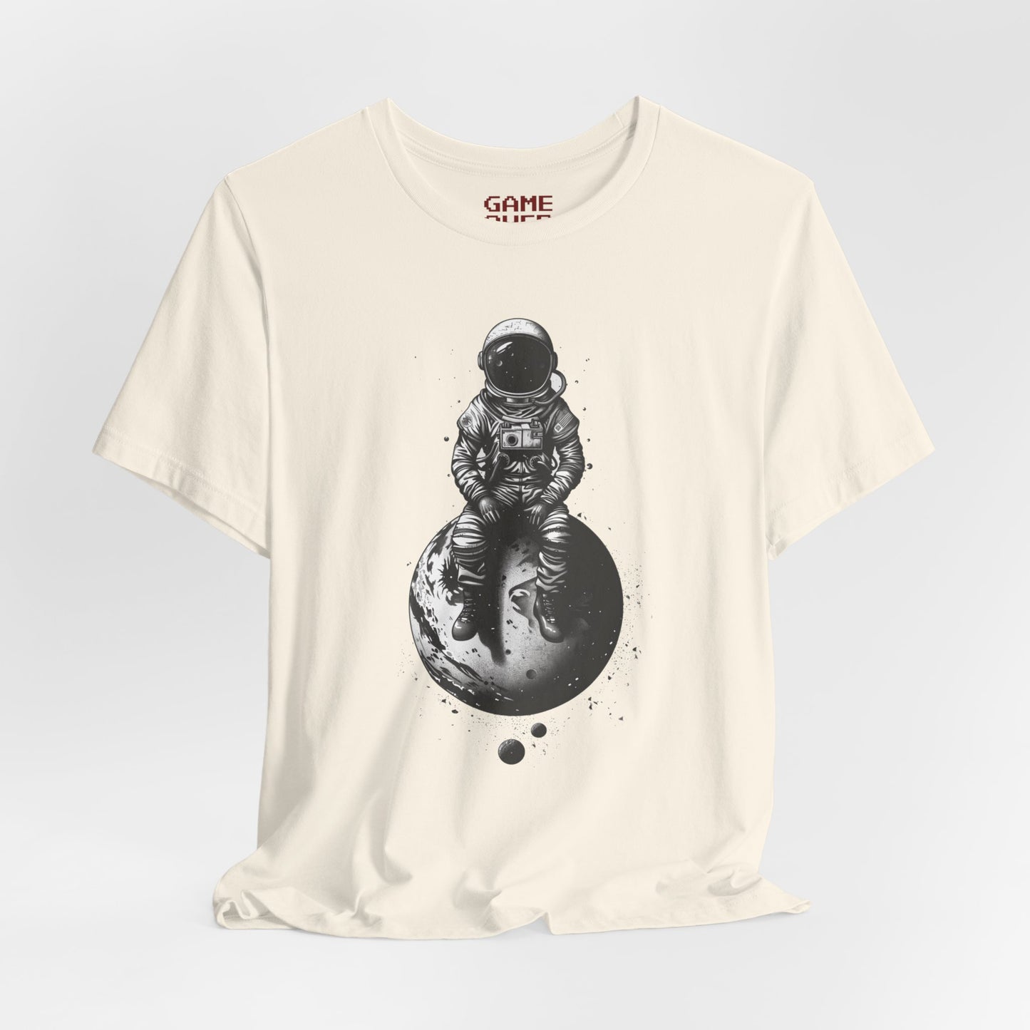 Astronaut Sitting on Planet Shirt - Minimalist Black and White Space Suit Design