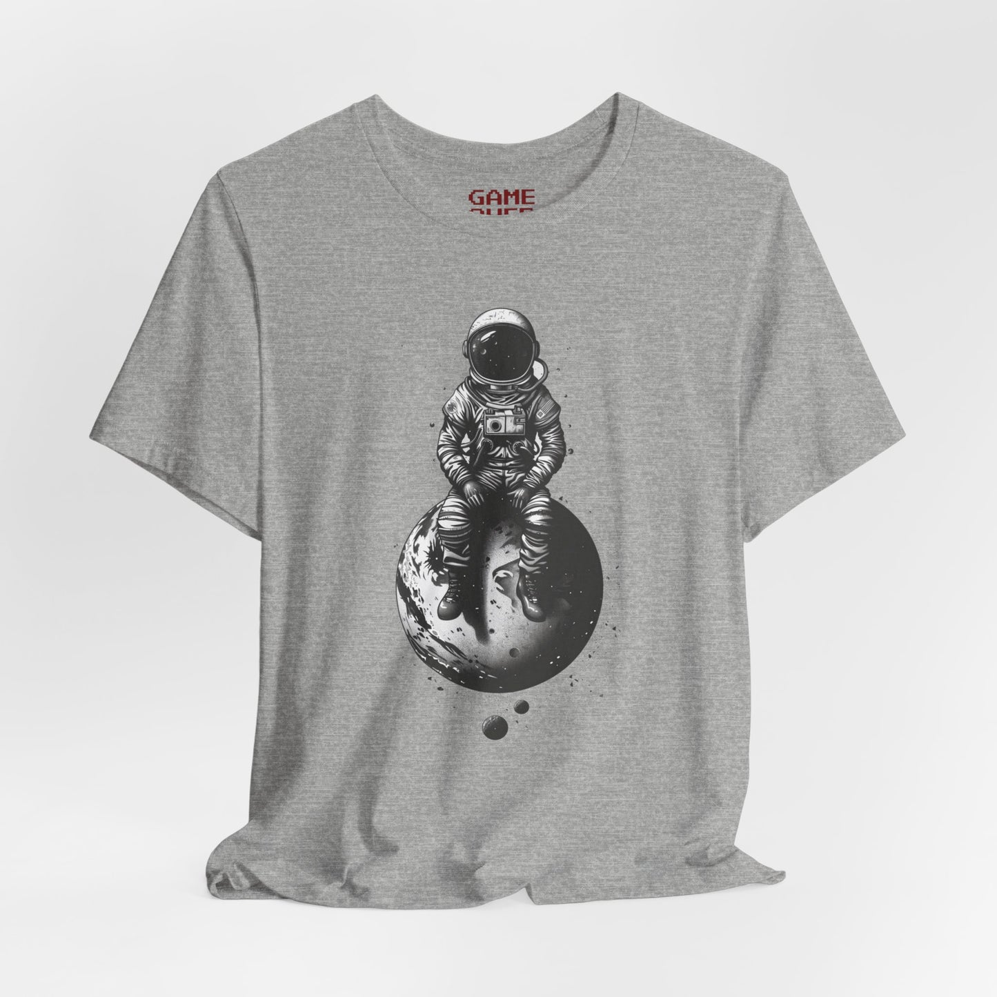 Astronaut Sitting on Planet Shirt - Minimalist Black and White Space Suit Design