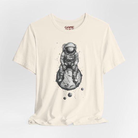 Astronaut Sitting on Planet Shirt #2 - Minimalist Black and White Space Suit Design